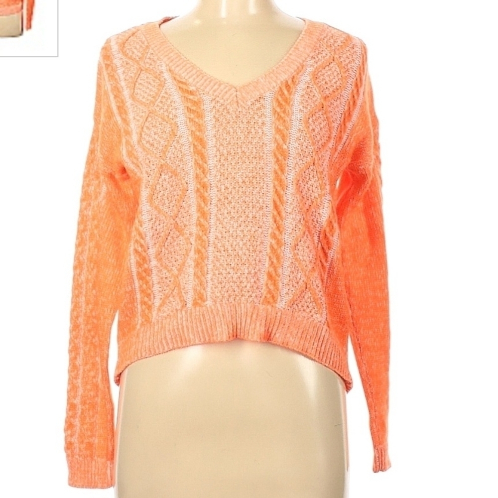 Mudd Neon Orange Cable Chunky Knit V-Knit Sweater Junior's Medium M Fall Bright